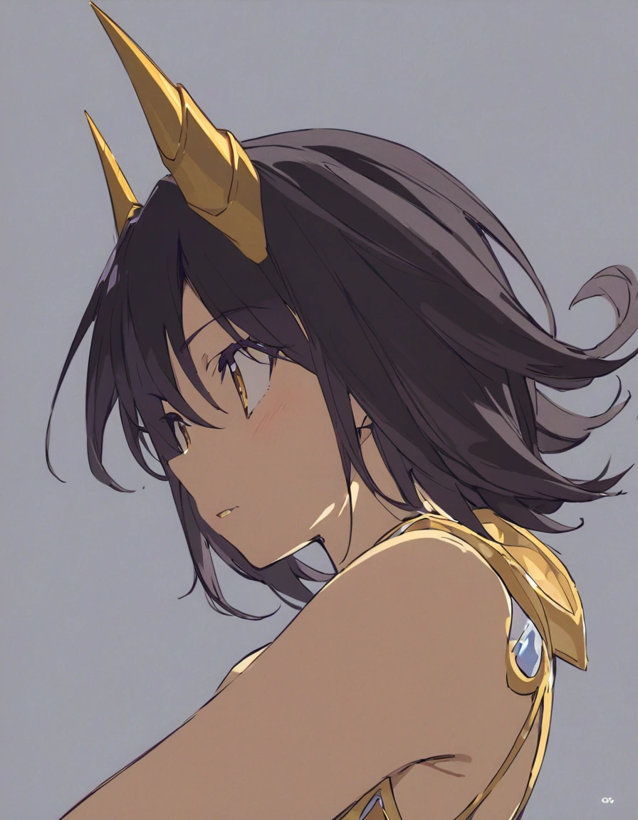 Dragon girl with crystal golden horn Black Hair Empty Background