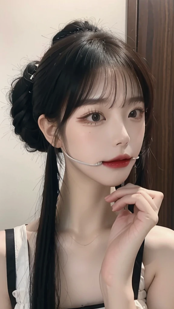 8k,super detailed, sharp quality,Korean descent, ponytail hair,slim body, hands on rope, mouth gagged,in the bdsm room