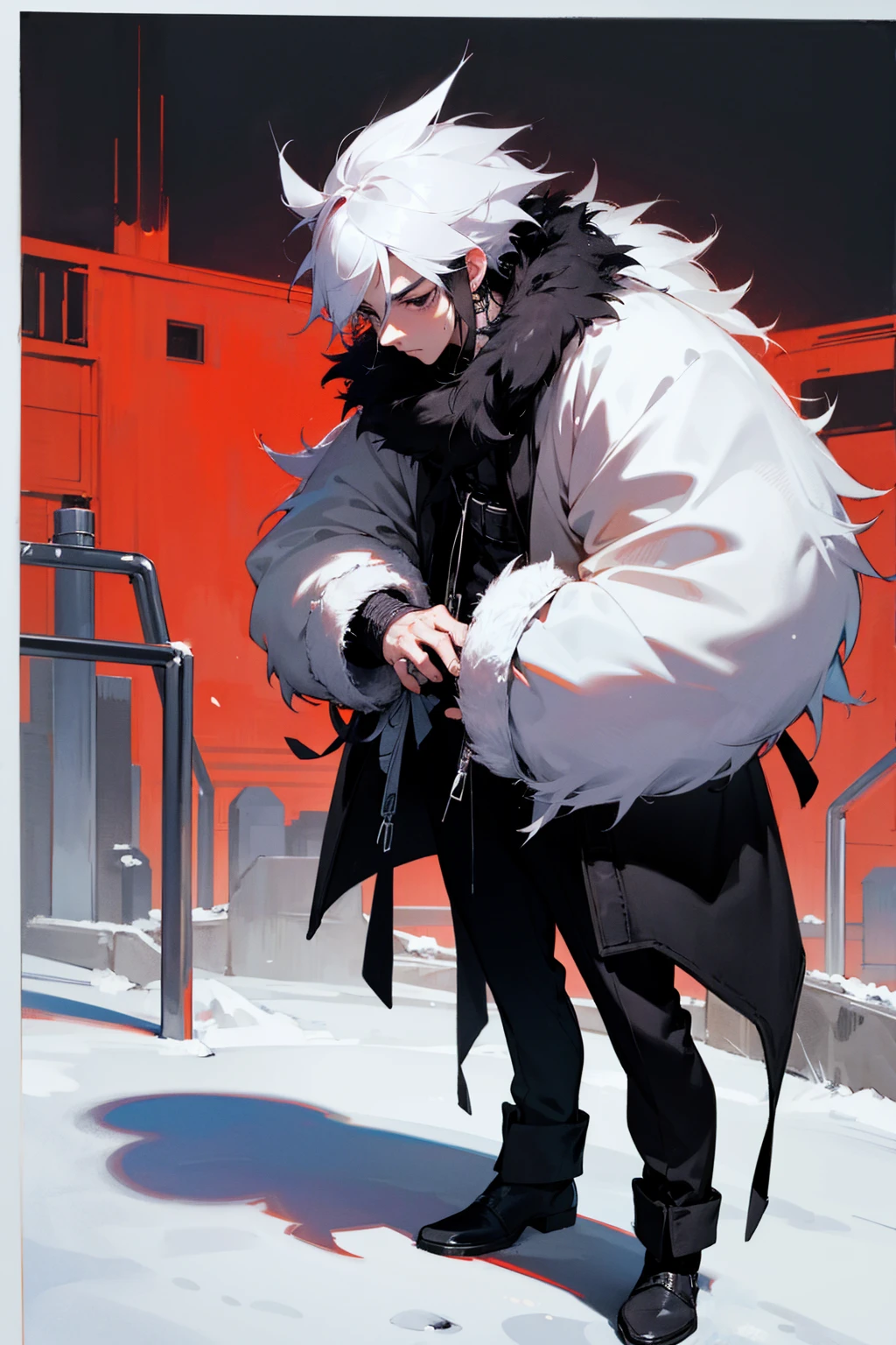 1male, black hair, fur jacket, cold, black eyes, red nose, cold expression, shivering, cold background, city background, detailed background, hands to side, standing on path