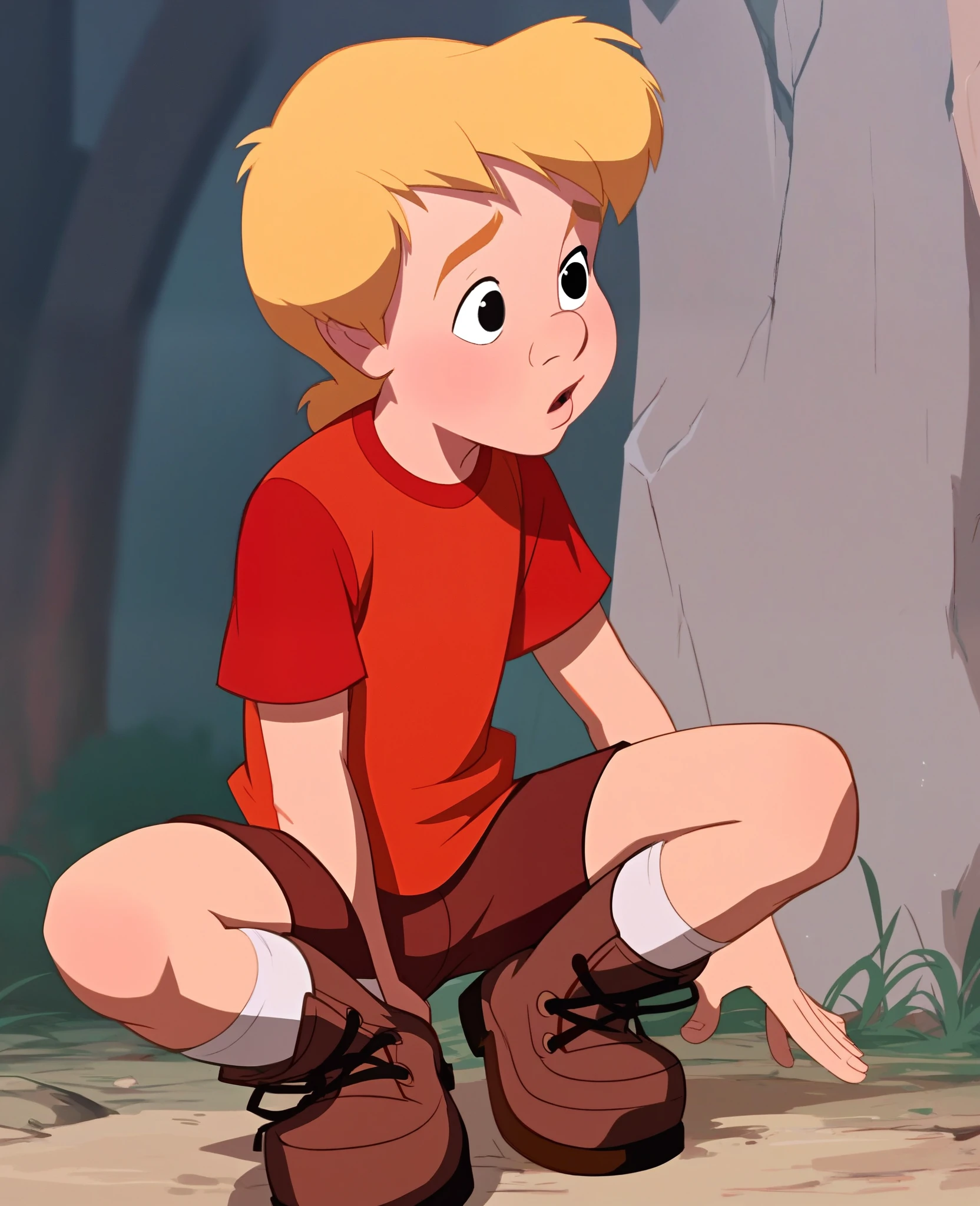 score_8, score_9, 1 boy, solo, cody, blonde hair, black eyes, red shirt, shorts, boots, 