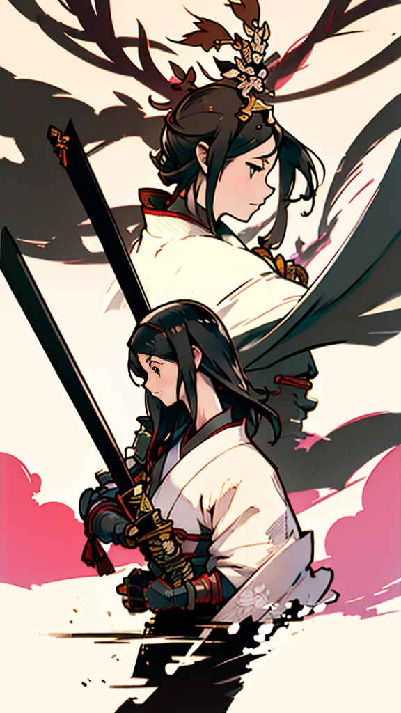 warrior、armor、samurai、Japanese sword、profile、forest、Black Hair、Age 25、