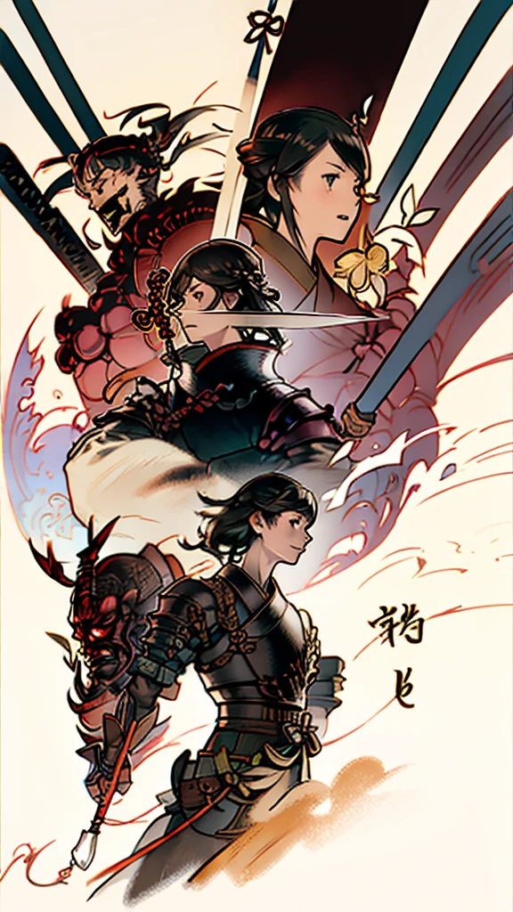 warrior、armor、samurai、Japanese sword、profile、forest、Black Hair、Age 25、