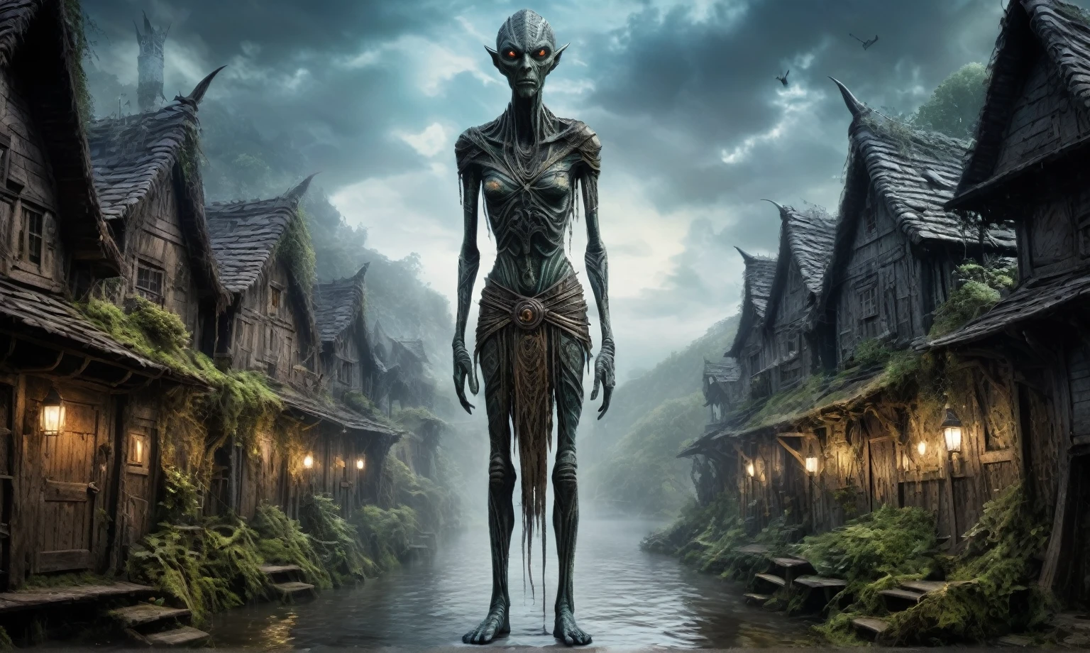 full body length shot,very beggar niobium mummy of Alien Entity,native britain half Puck, wants eat,survival,fairyland, Medieval castle ,Cinematic,soft colors, Technicolor,natural skin textures, hyper realism, hyper detailed,Extremely detailed,High contrast,Masterpiece,Realistic,Ultra Detailed, intricate details,realistic humid leather,extremly intricate,Epic Realistic, cinematic style, irina yermolova,high contrast,hdr,extremely detailed, deep night landscape,masterpiece, intricate details, eyes extremely detailed, high detailed eyes,8k resolution,retina, Nikon Z9,Norsemade,Li River ,perfect, Elf,transition between two art styles, Double contact, X-ray, Creative, vivid light, fantasy Abstract, Surrealism, super detailed, high resolution, traps against fairies between houses in air,insanity wear