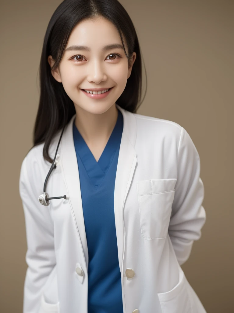 modern hospital room, 1girl, beautiful slim Korean woman, wearing (white lab coat:1.47), scrubs, solid circle eyes, ccurate, sparkling eyes, (((fingersmile))), (medium shot), high detail, photo-realistic:1.37, 8k, super detail, best quality, masterpiece, anatomically correct, super detail, textured skin, extremely detailed face and eyes, detailed facial features, ((perfect face))