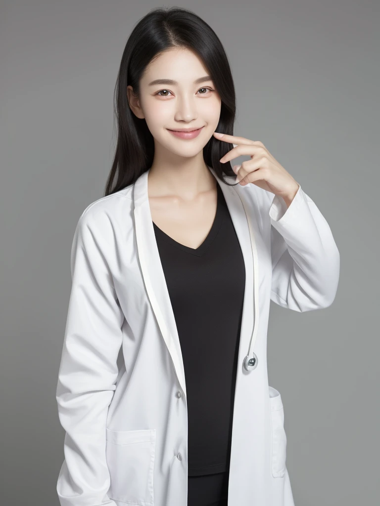 modern hospital room, 1girl, beautiful slim Korean woman, wearing (white lab coat:1.47), scrubs, solid circle eyes, ccurate, sparkling eyes, (((fingersmile))), (medium shot), high detail, photo-realistic:1.37, 8k, super detail, best quality, masterpiece, anatomically correct, super detail, textured skin, extremely detailed face and eyes, detailed facial features, ((perfect face))