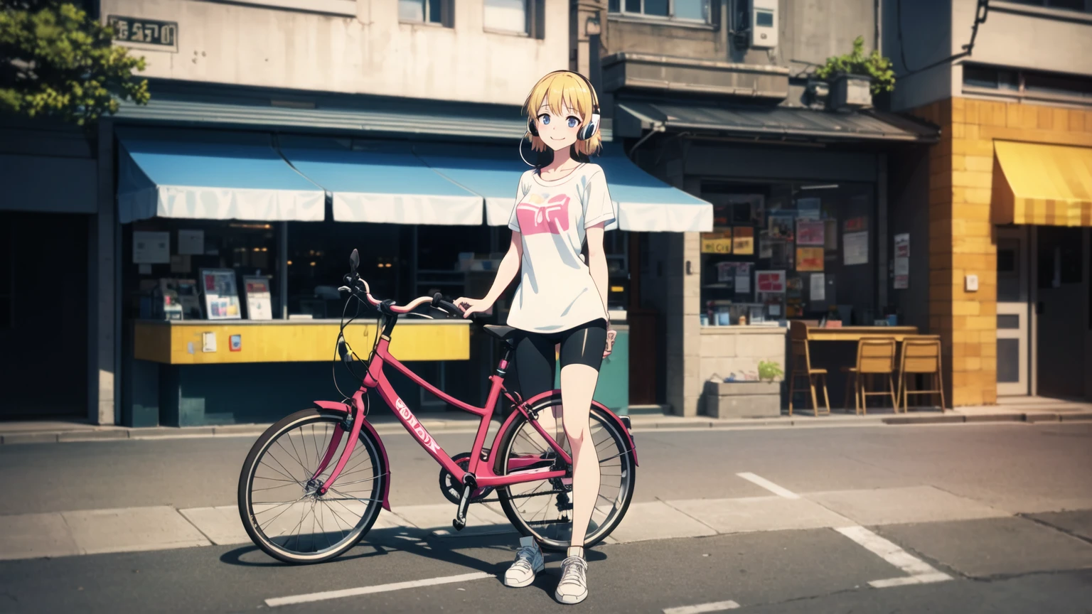 (8k, High resolution, Best Quality, Masterpiece:1.2), Lo-Fi, Relaxed girl listening to music with a headset 1, bicycle, smile, はにかんだsmile, In the city, neon