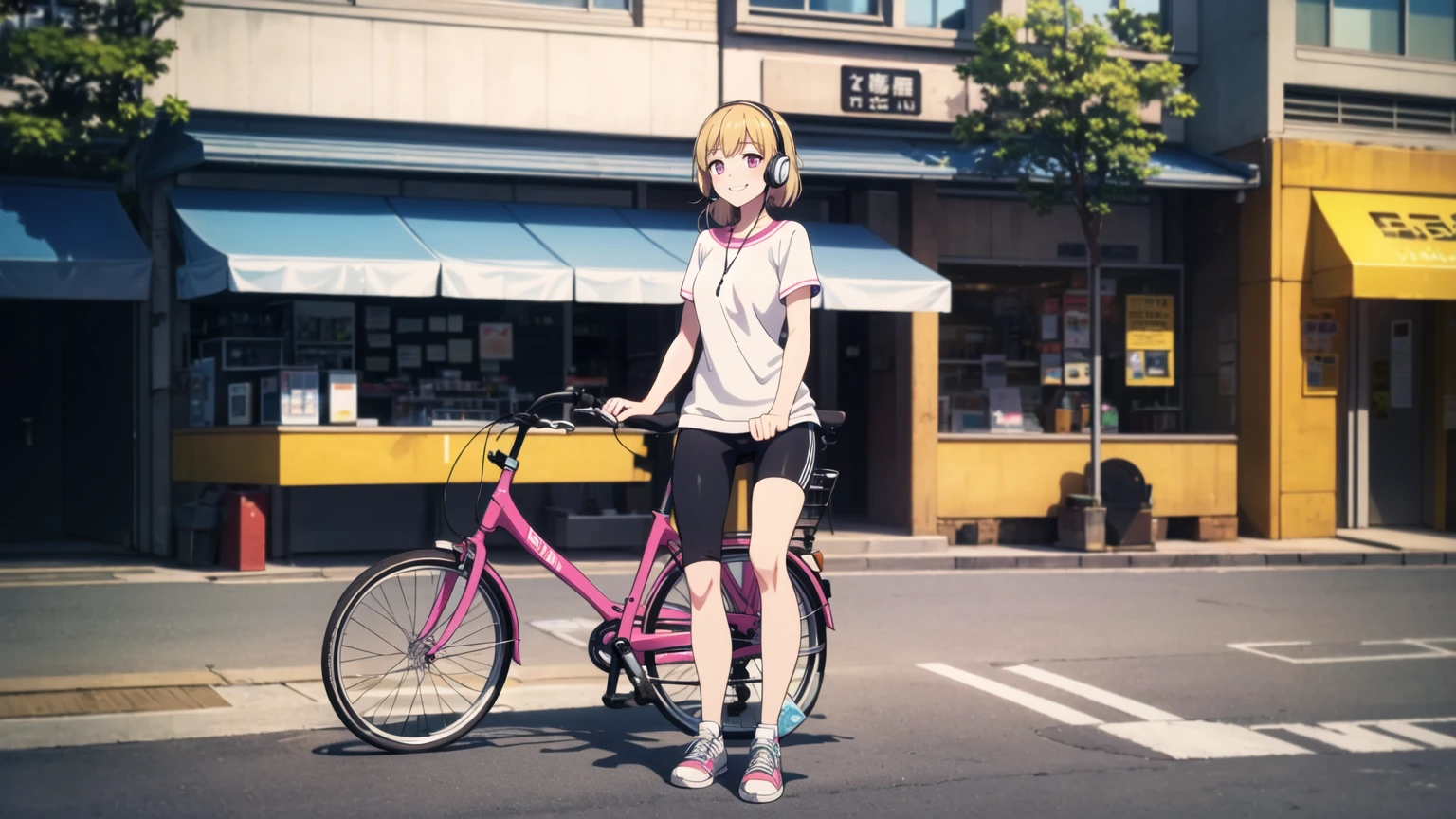 (8k, High resolution, Best Quality, Masterpiece:1.2), Lo-Fi, Relaxed girl listening to music with a headset 1, bicycle, smile, はにかんだsmile, In the city, neon