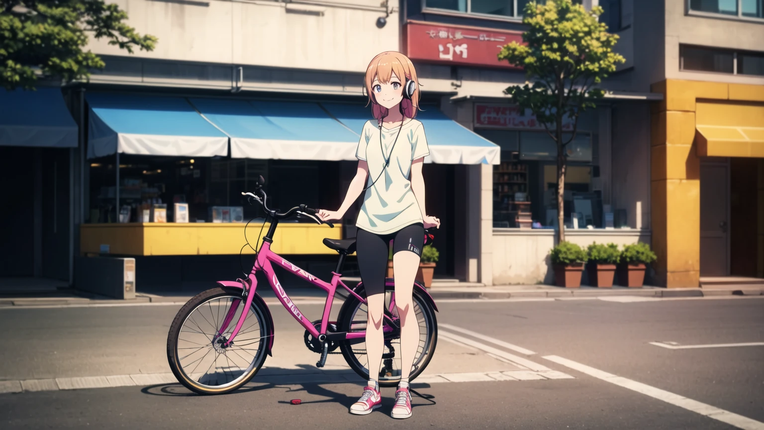 (8k, High resolution, Best Quality, Masterpiece:1.2), Lo-Fi, Relaxed girl listening to music with a headset 1, bicycle, smile, はにかんだsmile, In the city, neon