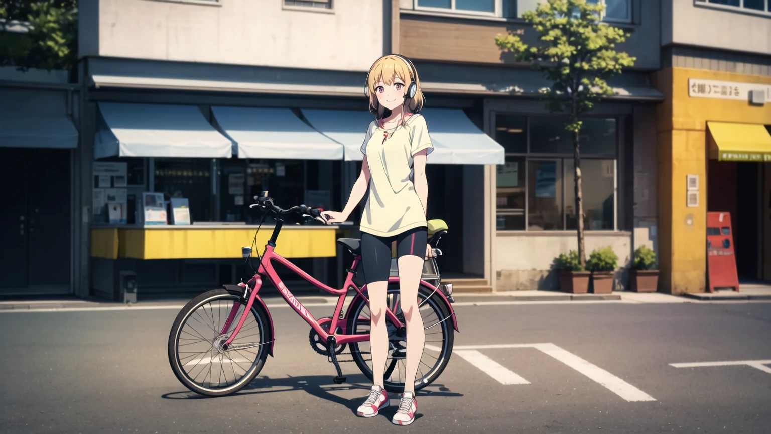 (8k, High resolution, Best Quality, Masterpiece:1.2), Lo-Fi, Relaxed girl listening to music with a headset 1, bicycle, smile, はにかんだsmile, In the city, neon