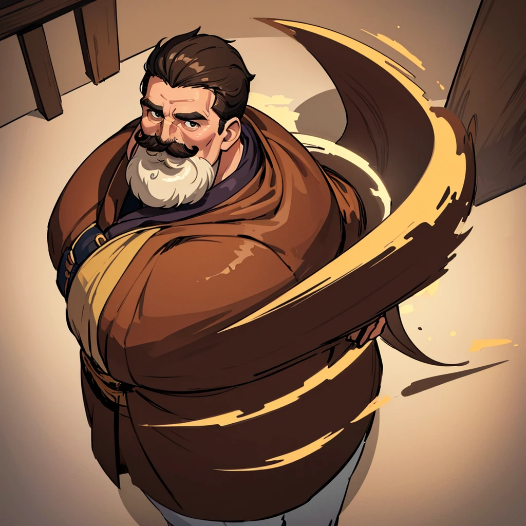 ((((Solo))))、highest quality, Best Quality,Best illustrations、middle ages、(((Simple brown robe)))、(((40-year-old uncle、Kaiser moustache)))、(From above at an angle)