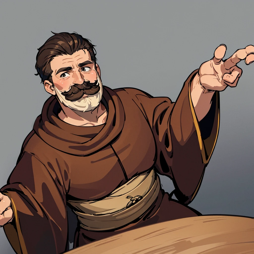 ((((Solo))))、highest quality, Best Quality,Best illustrations、middle ages、(((Simple brown robe)))、(((40-year-old uncle、Kaiser moustache)))、(From above at an angle)