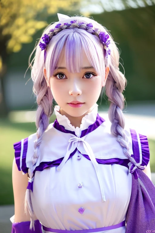 emilia, braid, crown braid, flower, hair flower, hair ornament, hair ribbon, long hair, pointy ears, (purple eyes:1.2), white hair, x hair ornament, detached collar, detached sleeves, frilled sleeves, frills, , zettai ryouiki, upper body, beauty, detailed eyes, detailed face, extremely beautiful face