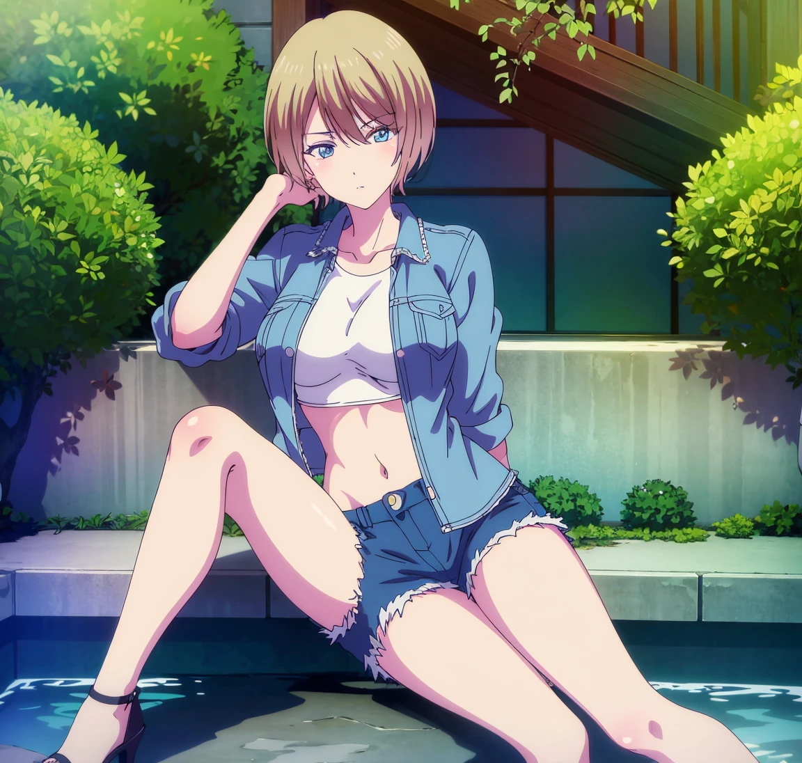 masterpiece, best quality, highres, akane hououji,full body,1girl, solo, short hair, blonde hair, blue eyes, ,crop top, denim jacket,jean shorts, midriff, underboob,high heels,crossed legs, legs, sitting, big breasts, medium waist, wide hips, medium thighs, good anatomy, good hands, white background