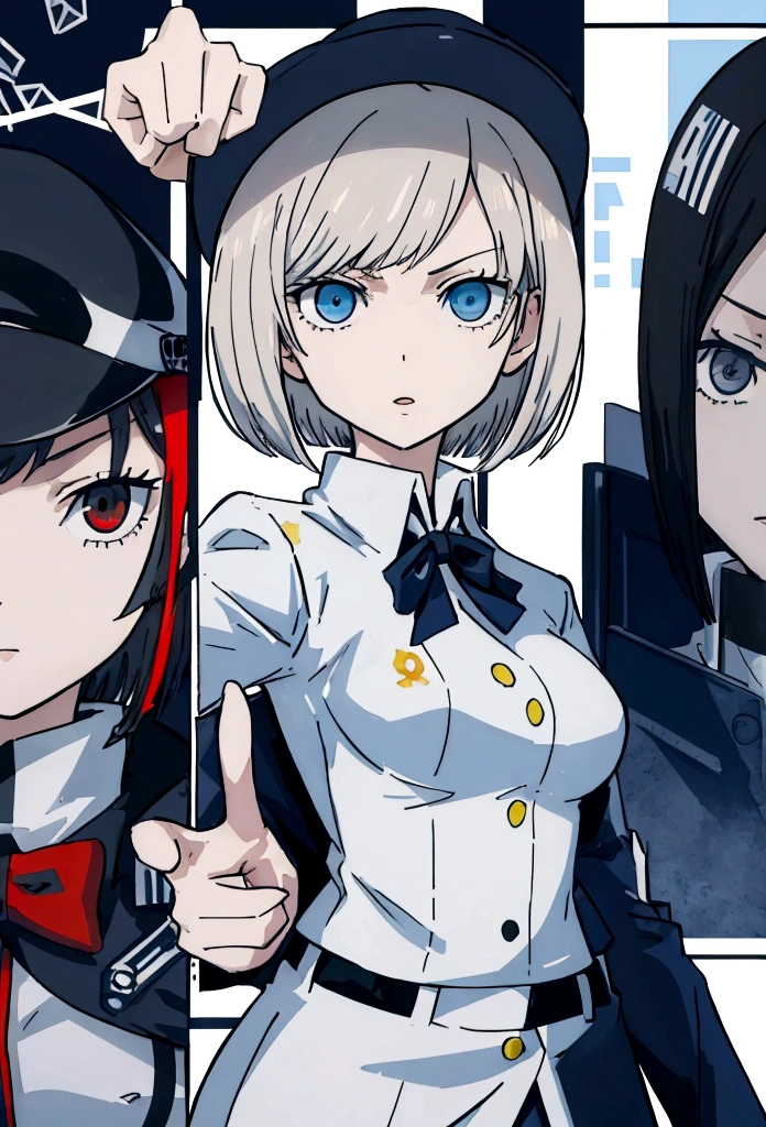 anime tall girl, officer, policewoman, tall girl, serius eyes, girls frontline, with index finger, fine details, short hair, straight hair, White Shirt, blue blazer, thicc, 
shigenori soejima illustration, high quality fanart, portrait n - 9, 