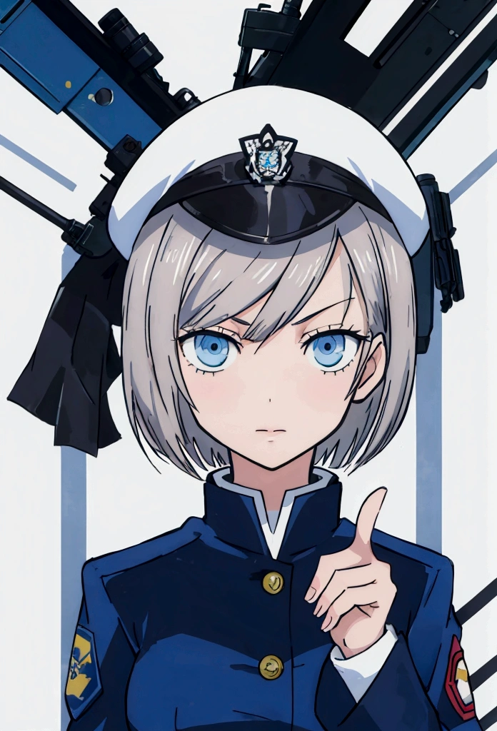 anime tall girl, officer, policewoman, tall girl, serius eyes, girls frontline, with index finger, fine details, short hair, straight hair, White Shirt, blue blazer, thicc, 
shigenori soejima illustration, high quality fanart, portrait n - 9, 