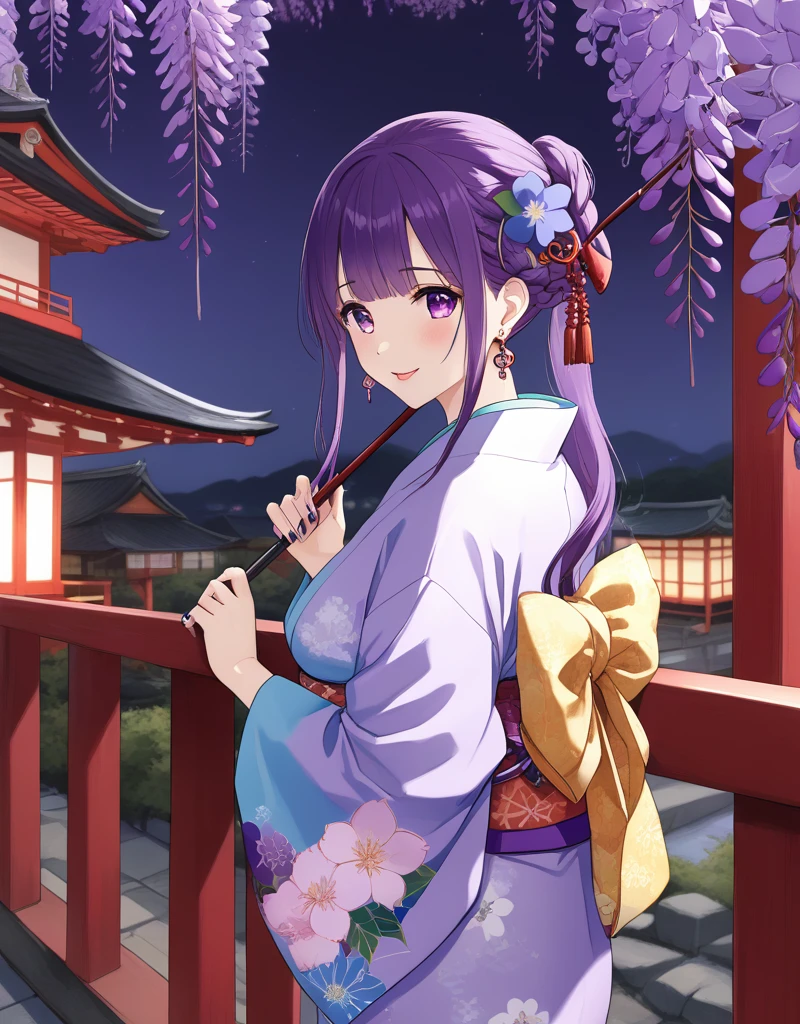 One girl,kimono,kimono,hair ornaments,Long Hair,Purple Hair,Purple eyes,Mole,Braiding,flower,alone,Mole under eye,flower火,View Viewer,hair flower,umbrella,bangs,flower柄プリント,oil-paper umbrella,parted lips,east asian architecture,architecture,Holding,purple flower,紫色のnail,Manicure,Eyebrows visible through hair,sash,lanthanum,heart,night,Outdoor,Braidinged ponytail,single Braiding,Wide sleeves,smile,線香flower火,From the side,print kimono,Earrings,Tassel,null,Long sleeve,Upper Body,yukata,chest,paper lanthanum,picture,ribbon,building,Look to the side,jewelry,blush,white kimono,handrail,Raise your hand,blue flower,bridge,wind chimes,blunt bangs,wood,青いnail,compensate,mitsudomoe \(shape\),night null,blue kimono,water,-bar \(symbol\),large chest,Particles of light,very Long Hair,Hairpin,Alternative costume,back bow,aerial flower火,Wisteria,Blurred,stone lanthanum,long Braiding,nail,Shiny,bow,Shiny hair,Recall,heartage,Side Lock,Pagoda,lips,Open your mouth,lamp,Holding umbrella,valley