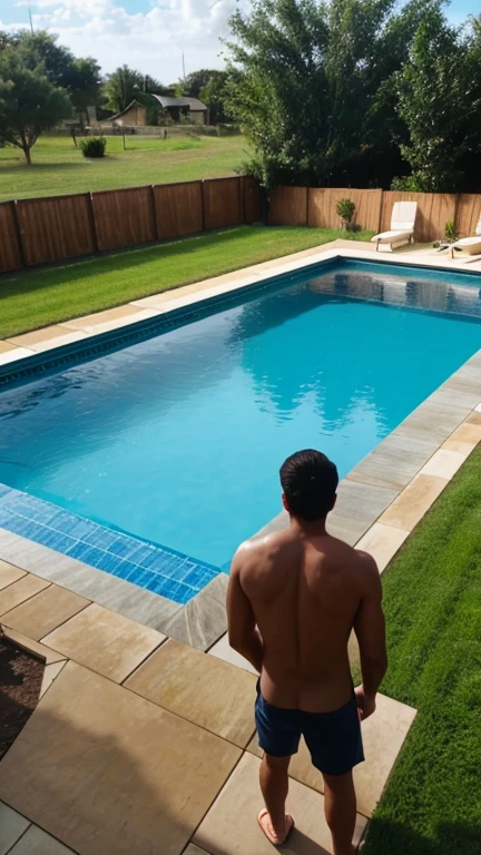 A man building pool behind his house