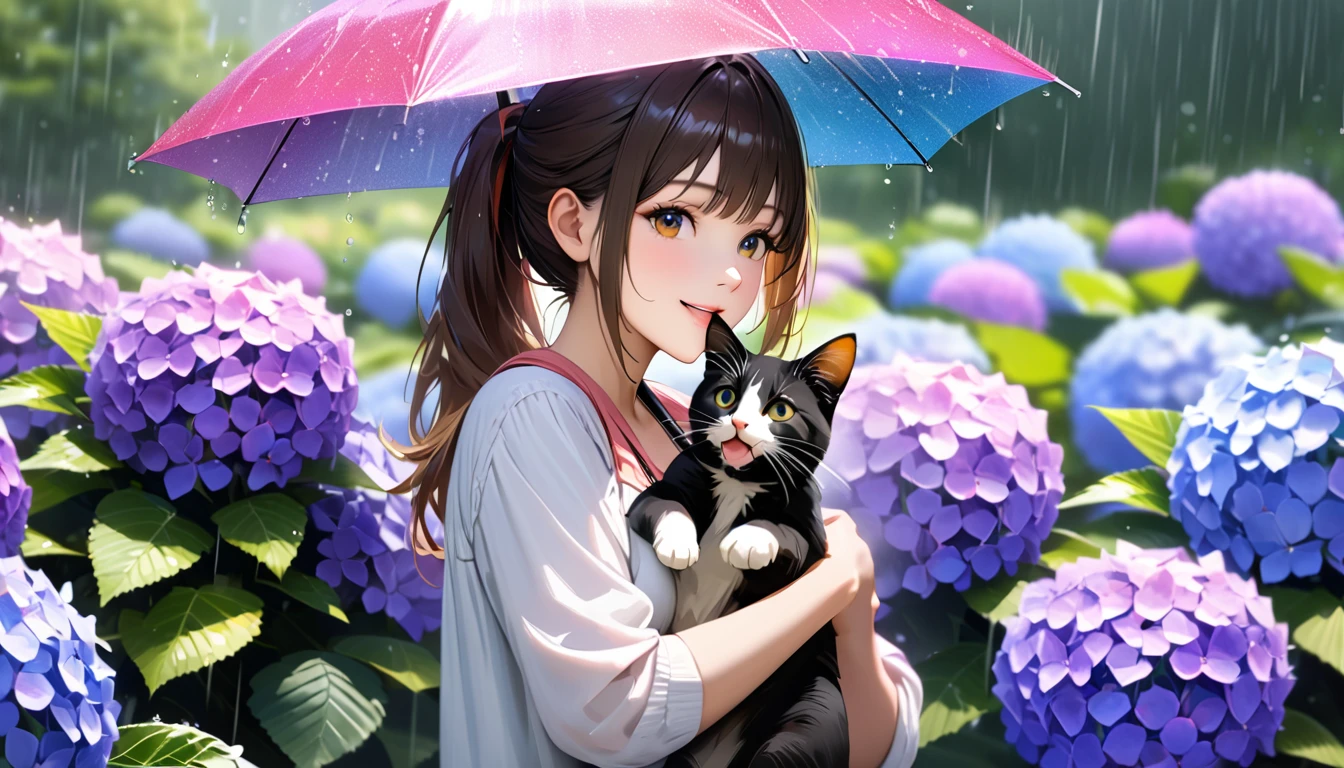 rain,Hydrangea Park, Cute casual clothes, Holding an umbrella,Holding a cat,Blur the background,High school girls,ponytail,smile,Glitter effect,highest quality, 4K, 8k, High resolution, masterpiece:1.2, Very detailed, Realistic:1.37, High resolution, 超High resolution, Ultra-fine painting, Sharp focus, Physically Based Rendering, Very detailedな説明, Professional, Vibrant colors