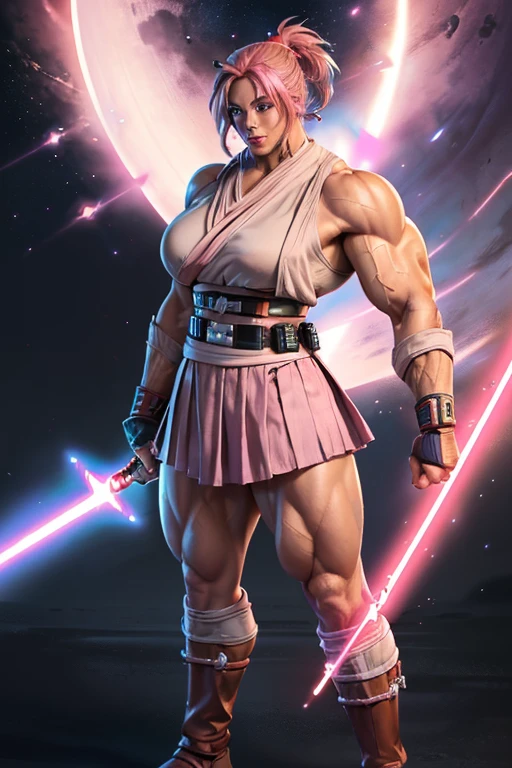 ((((Massive, tall, beautiful, buff, muscular light brown skinned female Jedi with shocking pink hair, black lipstick, ginormous bulky muscles, holding a lightsaber and wearing an all pink Jedi outfit and pleated skirt)))), (close view), black eyeliner, massive muscles, massive biceps, hyper muscle triceps, (angled bob cut), red eyes, Jedi boots, In space, Jedi outfit, nighttime, confident smile, (hyper muscles arms), hyper muscle legs, (ginormous arms)