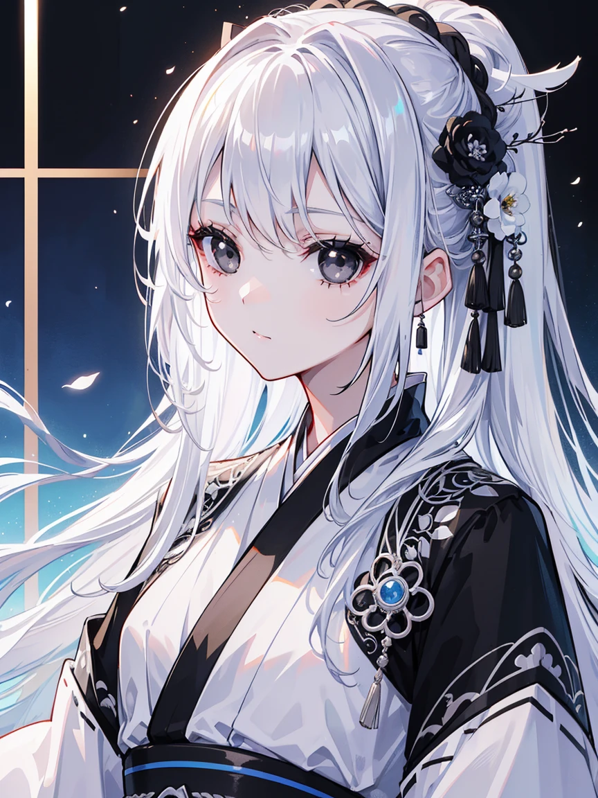 (Top image quality)、(Ultra Detailed)、(Facing forward)、top quality、masterpiece、(((1 girl)))、Silver Hair、white hair、((Long hair))、(black eyes:1.6)、(Hanfu)