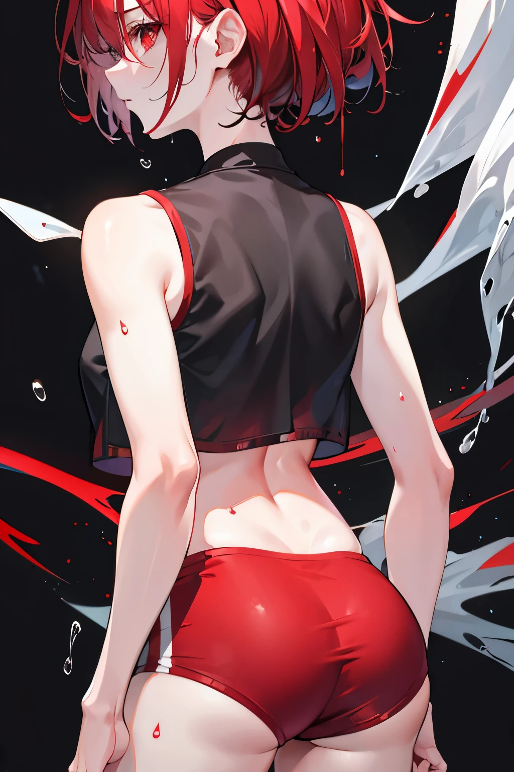 underdressing,indifferent,Red Eyes,Sweat,Soaked,liquid,transparent,Expression of disgust,Back,Cropped tops,shorts,Buttocks close-up