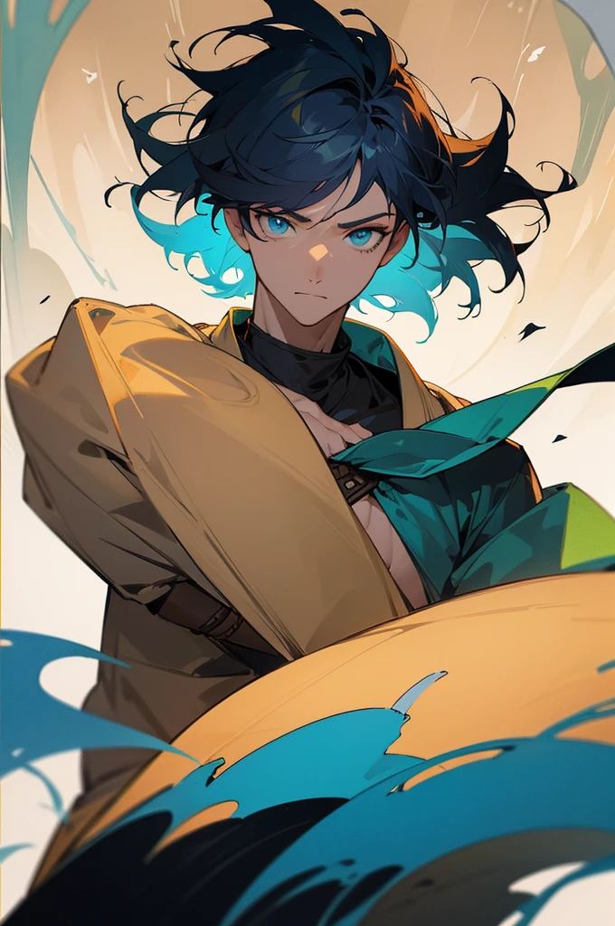 Male character, solo, dark blue hair, wolfcut messy hairstyle, adult, ninja, short hair, spiky down hair, messy hair, cyan eyes, medieval outfit, poor knight, fighting clothes, cool, ikemen, handsome, aesthetic, illustration, anime artstyle, masterpiece, best quality, calm personality, detailed, 1man, professional artwork, digital art, chill, basic expression, adult, irresistible, gorgeous, looking you, pure art, situational scene, scenario, 4k, hd, wolf style, looking happy, lovely, confused, clumsy, tall, dark and beige clothes, outdoors, forest
