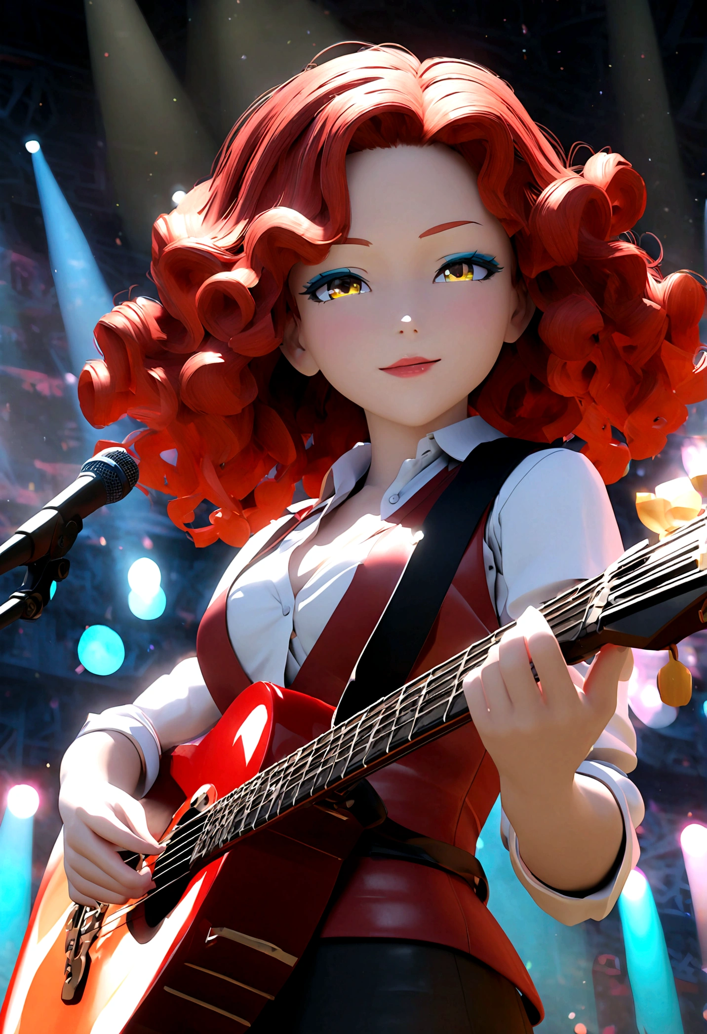 3D anime character,animate,real,1 girl,30 years old,glamorous,medium hair,((perm)),wavy hair,red hair,forehead,Voluminous curly hair,seductive smile,Light blue eyeshadow,red eyebrows,yellow eyes,tsurime,narrow eyes,half opend eyes,red lips,Confident expression,light smile,calm,black vest,white shirt,collared shirt,Unbutton the top button of shirt,black pants, BREAK standing,singing,play the red guitar,stage,The background features bold,colorful lettering and stage lights,capturing a lively,energetic performance