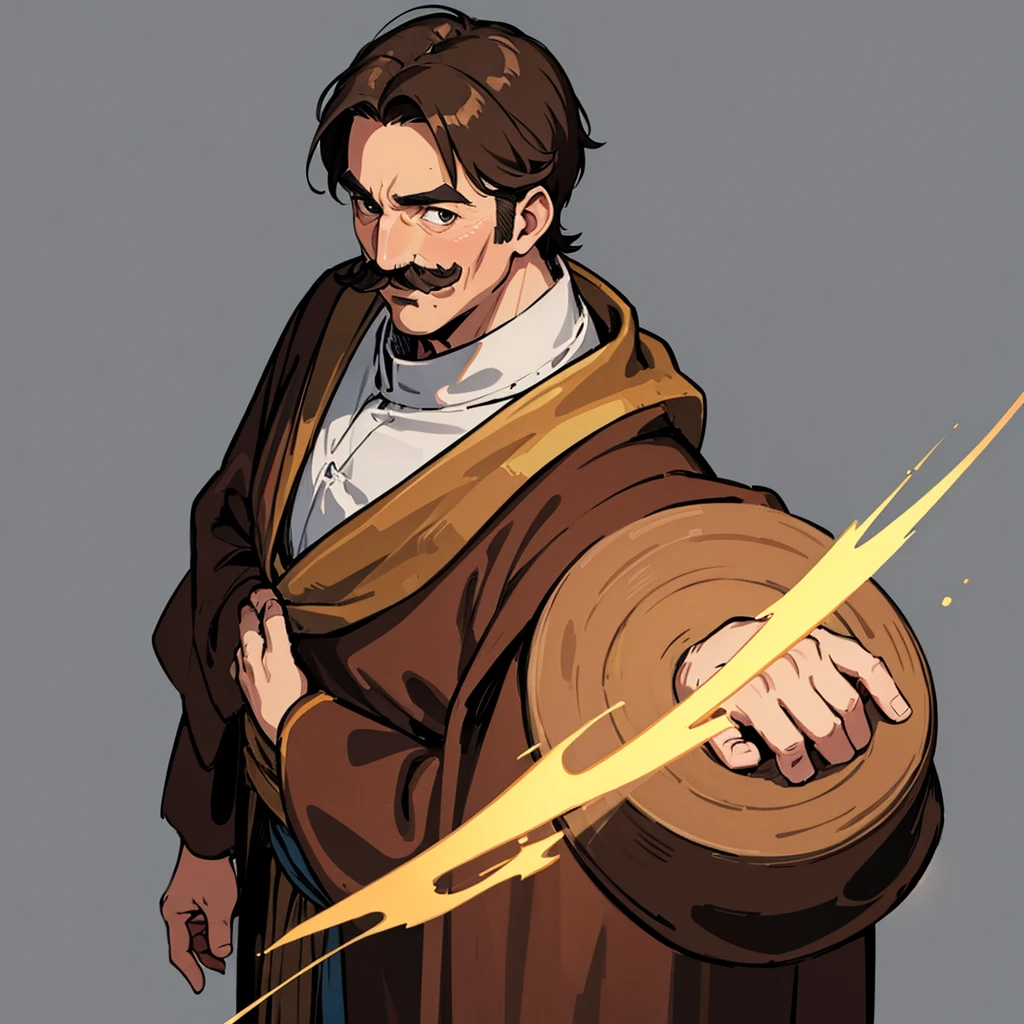 ((((Solo))))、highest quality, Best Quality,Best illustrations、middle ages、(((Simple brown robe)))、((40-year-old uncle、Kaiser moustache))、(Short Hair)、(From above at an angle)