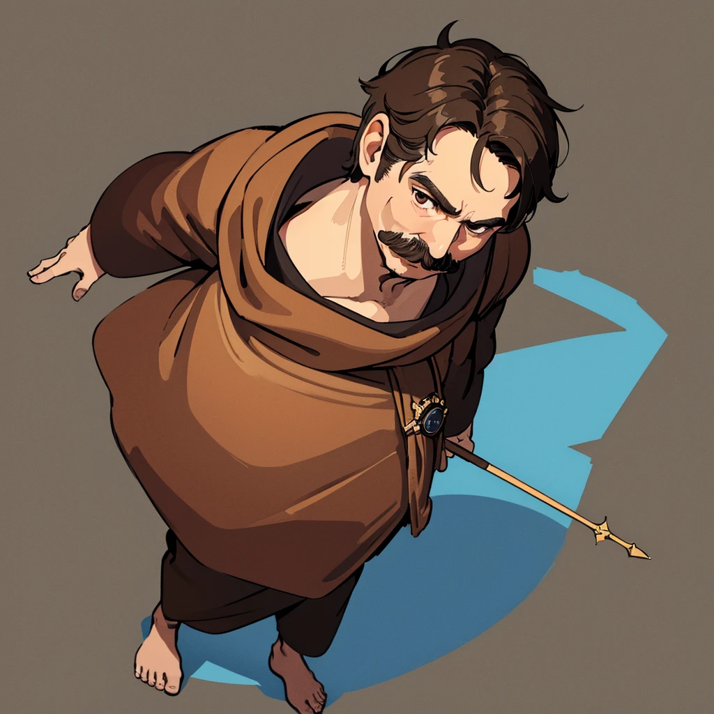 ((((Solo))))、highest quality, Best Quality,Best illustrations、middle ages、(((Simple brown robe)))、((40-year-old uncle、Kaiser moustache))、(Short Hair)、(From above at an angle)