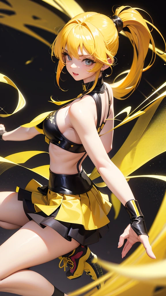 Beautiful girl in a short skirt with yellow hair in a ponytail on both sides, wallpaper. 3D