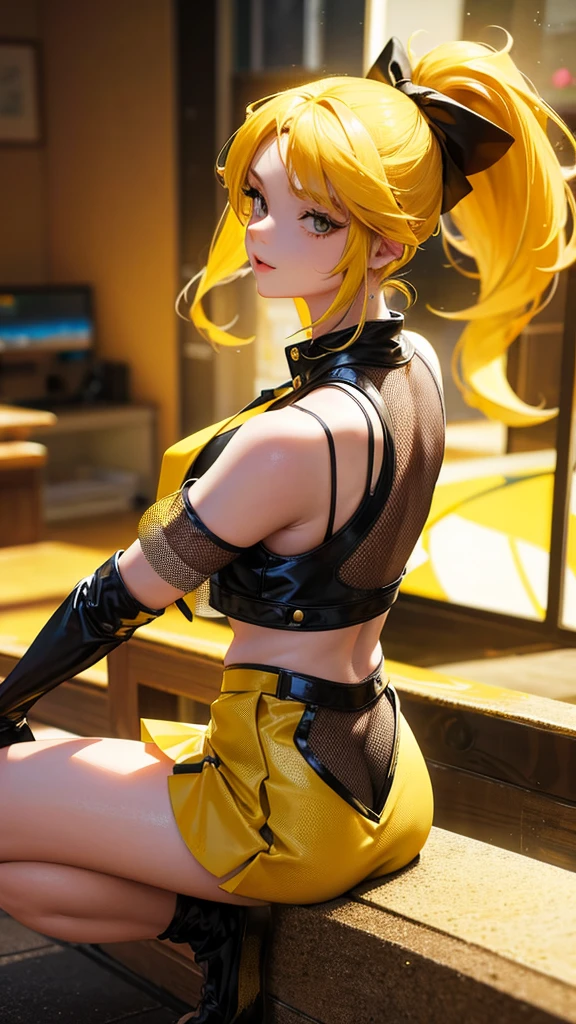 Beautiful girl in a short skirt with yellow hair in a ponytail on both sides, wallpaper. 3D
