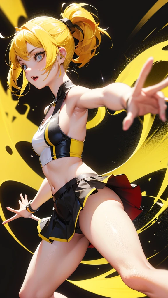 Beautiful girl in a short skirt with yellow hair in a ponytail on both sides, wallpaper. 3D