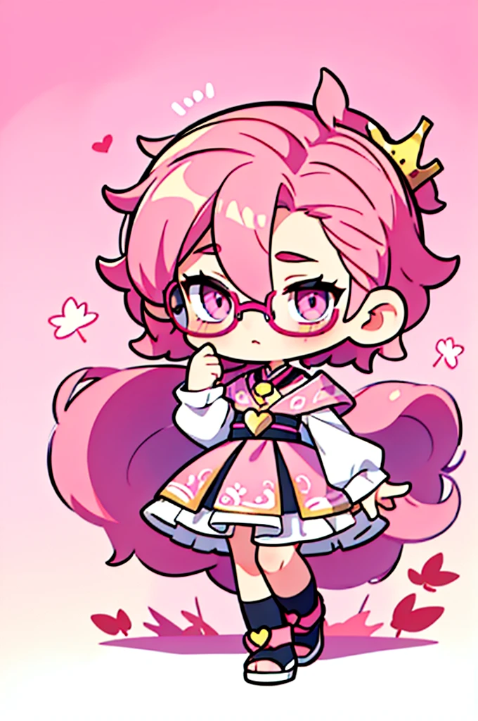 1 person , man ,Short haircut ,cartoon girl with pink hair and glasses wearing a crown, ((pink)), Official fan art, The delicate androgynous prince, anime moe art style, beautiful androgynous prince, cute art style, Chibi style, 🍁 cute, Kawaii Chibi, ❤🔥🍄🌪, Chibi Art, Fan Art Demon Slayer Rui, cute character, Maple character art, High quality fan art