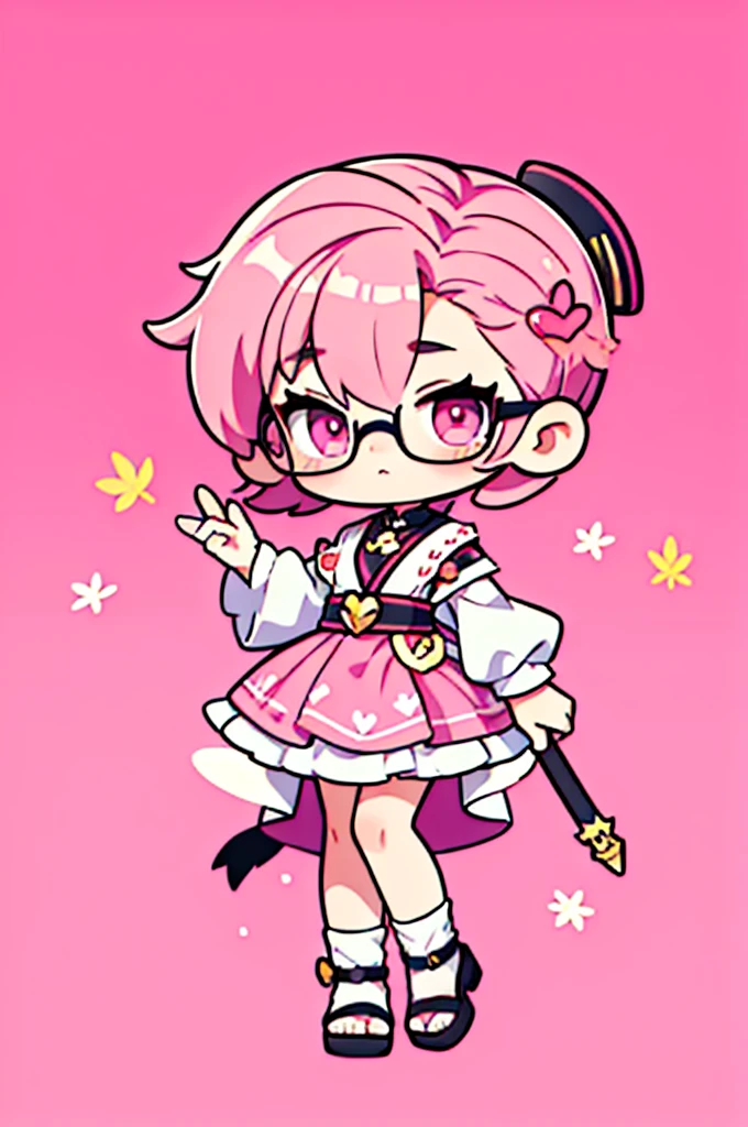 1 person , man ,Short haircut ,cartoon girl with pink hair and glasses wearing a crown, ((pink)), Official fan art, The delicate androgynous prince, anime moe art style, beautiful androgynous prince, cute art style, Chibi style, 🍁 cute, Kawaii Chibi, ❤🔥🍄🌪, Chibi Art, Fan Art Demon Slayer Rui, cute character, Maple character art, High quality fan art