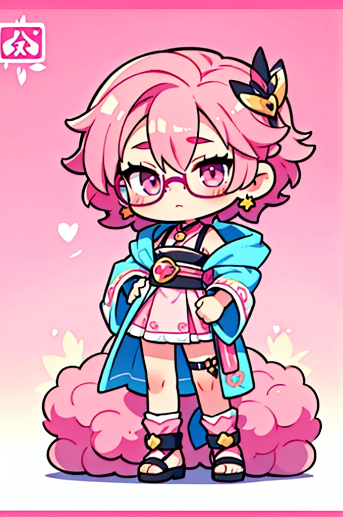 1 person , man ,Short haircut ,cartoon girl with pink hair and glasses wearing a crown, ((pink)), Official fan art, The delicate androgynous prince, anime moe art style, beautiful androgynous prince, cute art style, Chibi style, 🍁 cute, Kawaii Chibi, ❤🔥🍄🌪, Chibi Art, Fan Art Demon Slayer Rui, cute character, Maple character art, High quality fan art