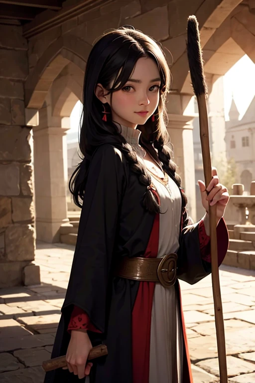 A young village girl smiling in medieval times with short twin black braids, black eyes, holding a stick, wearing a brown robe