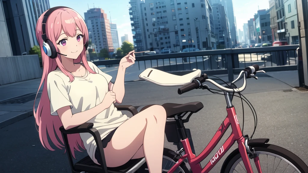 (8k, High resolution, Best Quality, Masterpiece:1.2), Lo-Fi, Relaxed girl listening to music with a headset 1, bicycle, smile, はにかんだsmile, In the city, neon