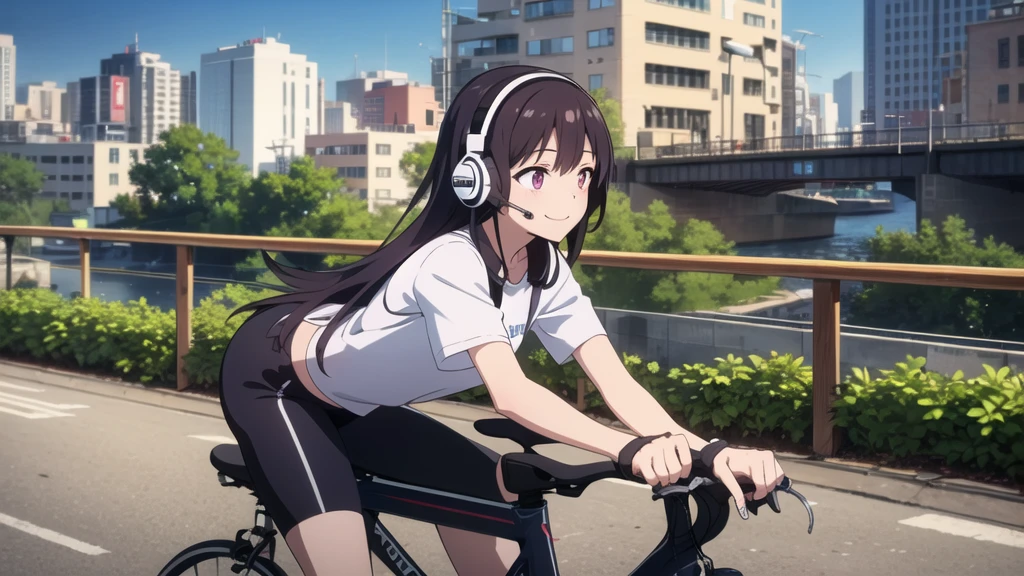 (8k, High resolution, Best Quality, Masterpiece:1.2), Lo-Fi, Relaxed girl listening to music with a headset 1, bicycle, smile, はにかんだsmile, In the city, neon