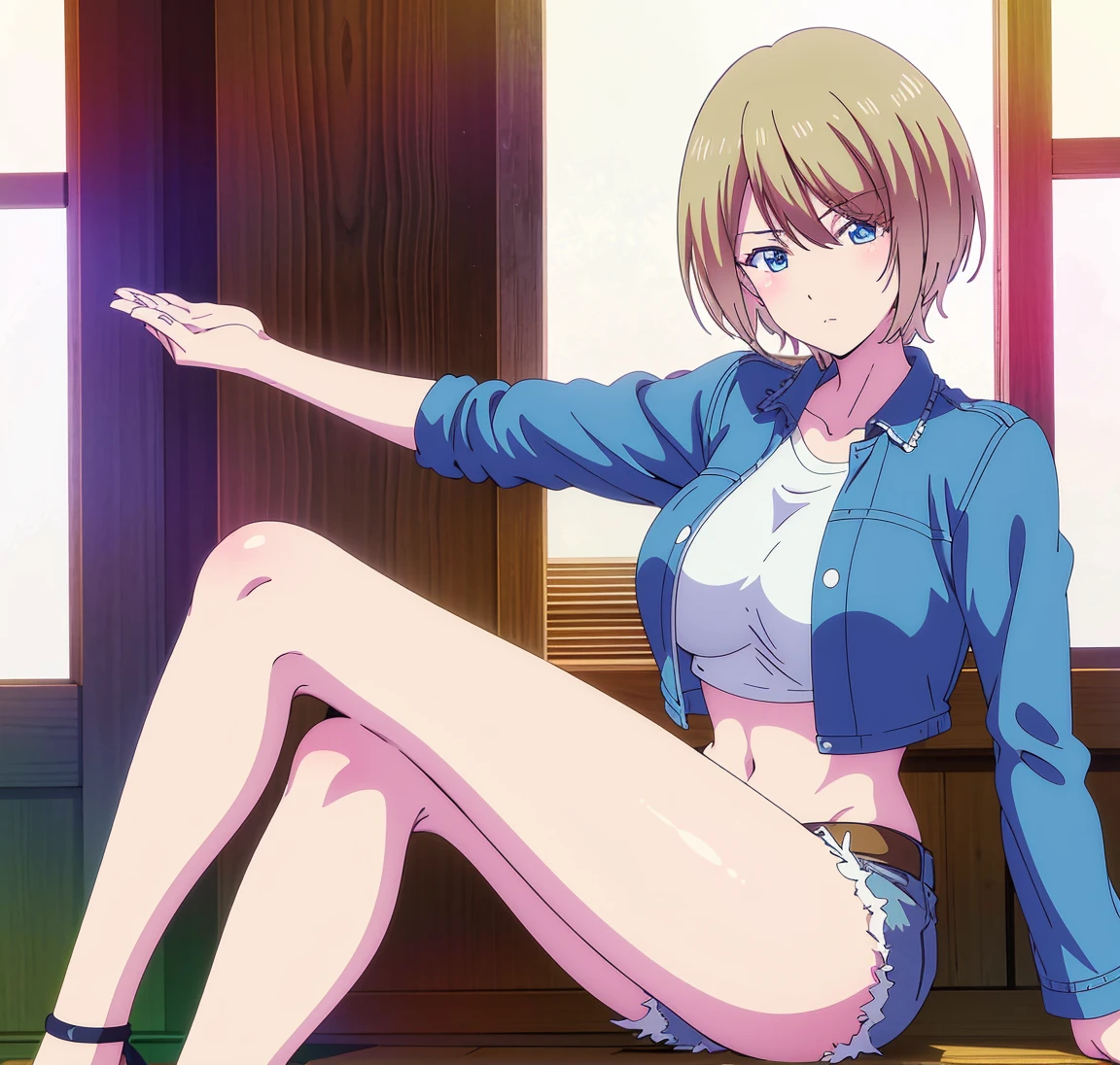 masterpiece, best quality, highres, akane hououji,full body,1girl, solo, short hair, blonde hair, blue eyes, ,crop top, denim jacket,jean shorts, midriff, underboob,high heels,crossed legs, good legs, sitting, big breasts, medium waist, wide hips, medium thighs, good anatomy, good hands, white background