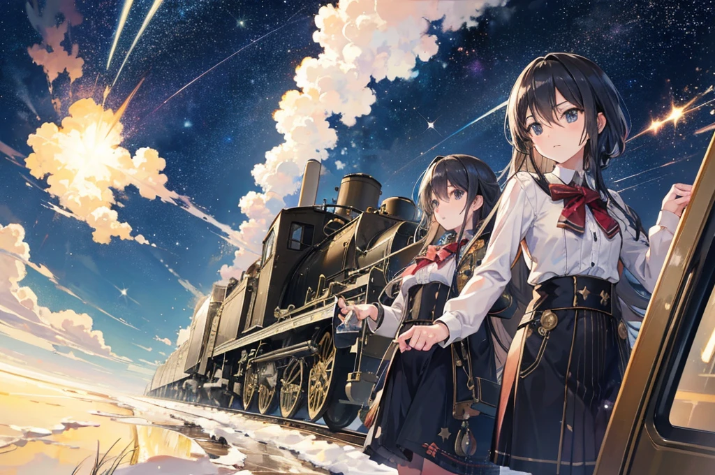 Steam locomotive flying in space　Heading to Pluto　Memories with friends form a constellation　The train runs on the star tracks