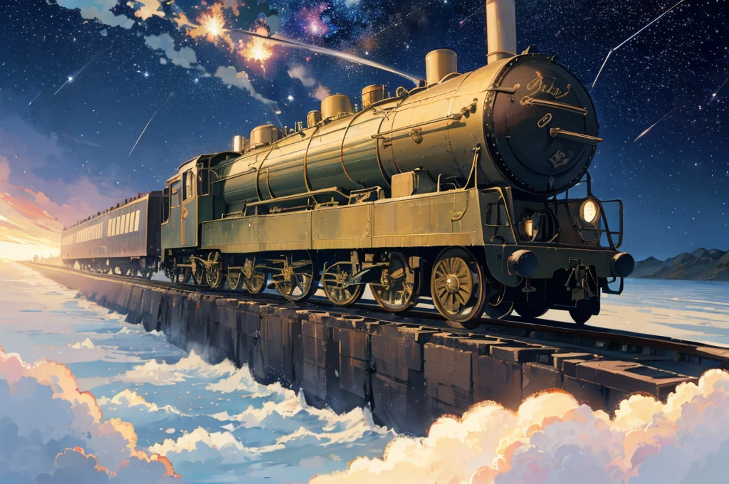 Steam locomotive flying in space Heading to Pluto Memories with friends form a constellation The train runs on the star tracks