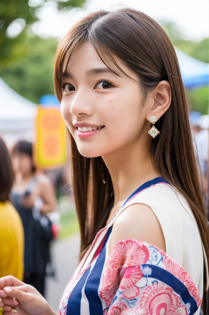 Yukata, traditional Japanese summer kimono, summer festival night stall, first year high school student, ((full body)), ((photo)), ((best qualtiy, 8K, tmasterpiece:1.3)), Focus:1.2, perfect figure beautiful girl:1.4, 1girl, cowboy shot, look at viewer, incredibly absurd, beautiful and cute girl with a photorealistic face, showcasing top-quality craftsmanship, A Japanese girl walking around looking at the food stalls at a summer festival on a night, 15 years old, straight hair that reaches about 10cm below her shoulders, light brown hair color, shiny hair, bangs cut straight above her eyes, hair tucked behind her ears, soft round face, large almond-shaped eyes, light brown eye color, long eyelashes, thin and neat eyebrows, small nose with a straight bridge, cherry-colored lips, bright smile, white teeth, smooth skin, fair skin, light pigmentation, freckles, average height, lithe figure, well-balanced proportions, small A-cup breasts, white and pink pastel-colored yukata, bracelet with charms, diamond stud earrings, beautiful girl, pure, moe, cheerful, curious, friendly, polite, responsible, likes festivals and events, August