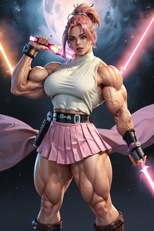 ((((Massive, tall, beautiful, buff, muscular light brown skinned female Jedi with shocking pink hair, black lipstick, ginormous bulky muscles, holding a lightsaber and wearing an all pink Jedi outfit and pleated skirt)))), (close view), black eyeliner, massive muscles, massive biceps, hyper muscle triceps, (angled bob cut), red eyes, Jedi boots, In space, Jedi outfit, nighttime, confident smile, (hyper muscles arms), hyper muscle legs, (ginormous arms)