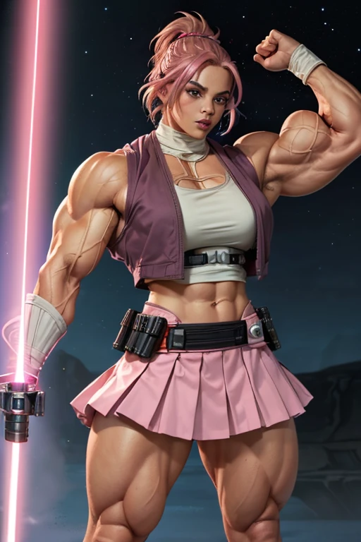 ((((Massive, tall, beautiful, buff, muscular light brown skinned female Jedi with shocking pink hair, black lipstick, ginormous bulky muscles, holding a lightsaber and wearing an all pink Jedi outfit and pleated skirt)))), (close view), black eyeliner, massive muscles, massive biceps, hyper muscle triceps, (angled bob cut), red eyes, Jedi boots, In space, Jedi outfit, nighttime, confident smile, (hyper muscles arms), hyper muscle legs, (ginormous arms)