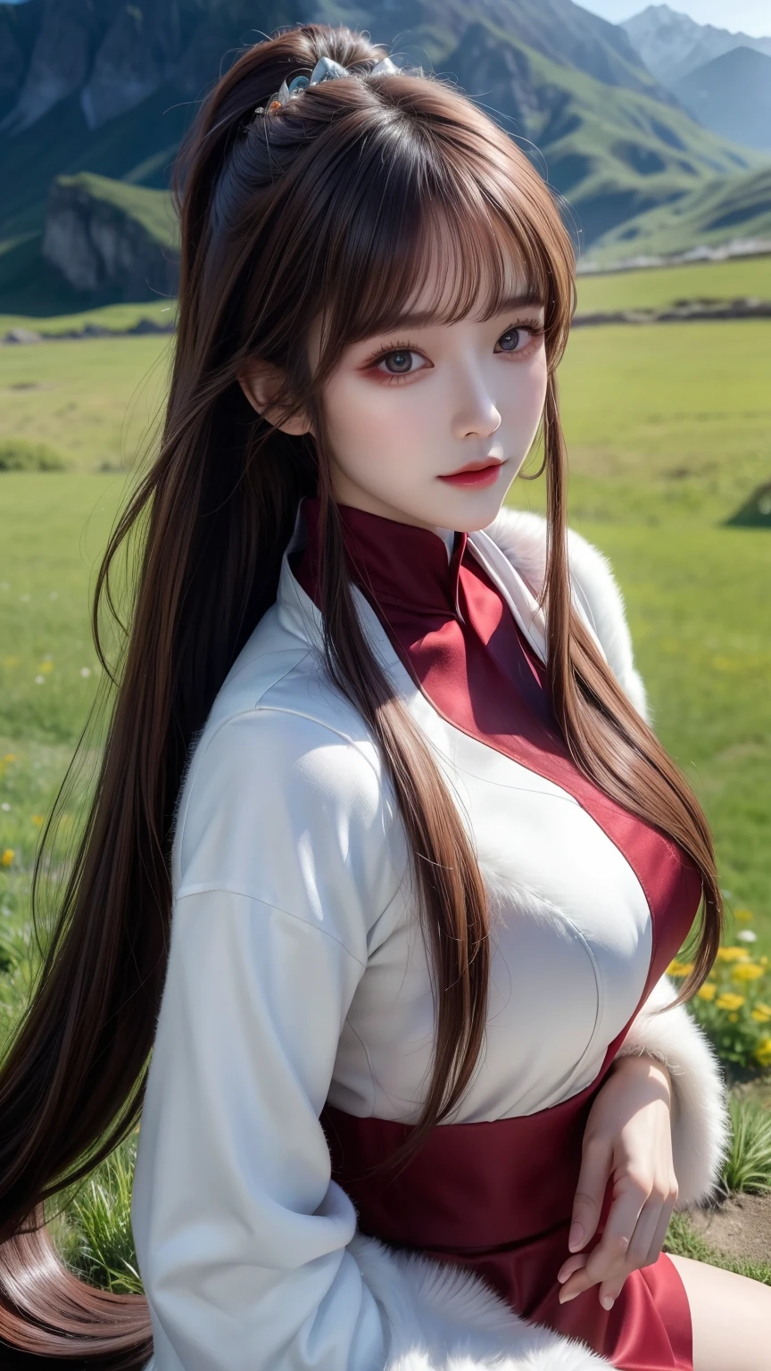 lifelike, high resolution, soft light,1 female, alone, Buttocks up, Shiny skin, (Detailed face), plateau,blue sky,grassland,Extremely detailed,torogao, Tibetan clothing, fur coat, jewelry，brown hair，high ponytail，Long curly hair，red headdress，red eyes