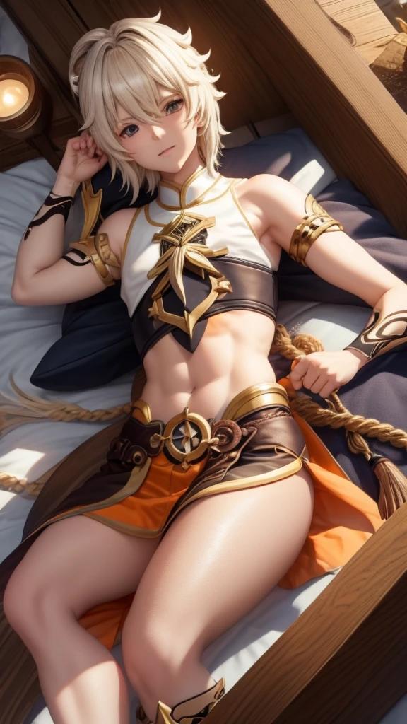 Melhor qualidade, super detalhe, obra de arte, Ultra HD, 8k, 1 garoto, concentre-se no garoto, Aether, Genshin Impact, nu, sem roupa, sexy e sensual, na cama, exibindo as coxas, emphasis on the thighs.