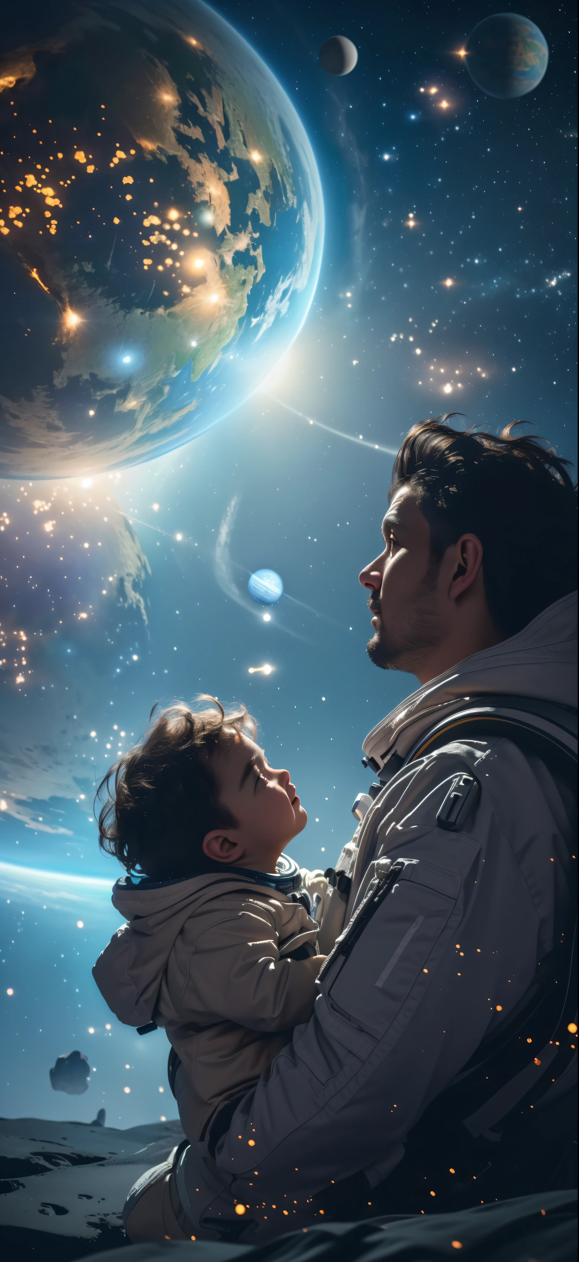 (masterpiece: 1.3), (8K, Practical, RAW photos, best quality: 1.4), A man holding a baby in front of a planet, father with child, Background with beautiful planet and space, Looking into space, Beautiful digital artwork, buzzer, author：Adam Malchinsky, Sci-fi digital art, Sci-fi digital art, dreaming of outer space, author：Tadeusz Pruszkowski