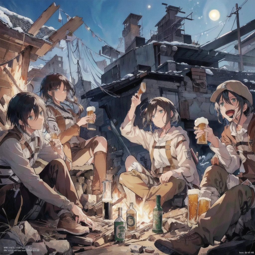 Cartoon characters sitting around a campfire with beers, 4K Manga Wallpapers, Sunku, everyone, From Attack on Titan, Official Art, Attack on Titan anime style, comics, artwork in the style of Gweitz, shingeki no kyojin, Anime Wallpaper, Attack on Titan Secret Art, Gweitz, Wisdom Friends Animation