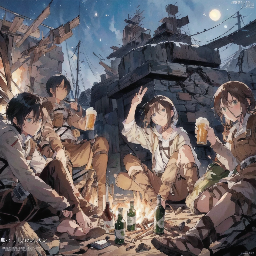 Cartoon characters sitting around a campfire with beers, 4K Manga Wallpapers, Sunku, everyone, From Attack on Titan, Official Art, Attack on Titan anime style, comics, artwork in the style of Gweitz, shingeki no kyojin, Anime Wallpaper, Attack on Titan Secret Art, Gweitz, Wisdom Friends Animation