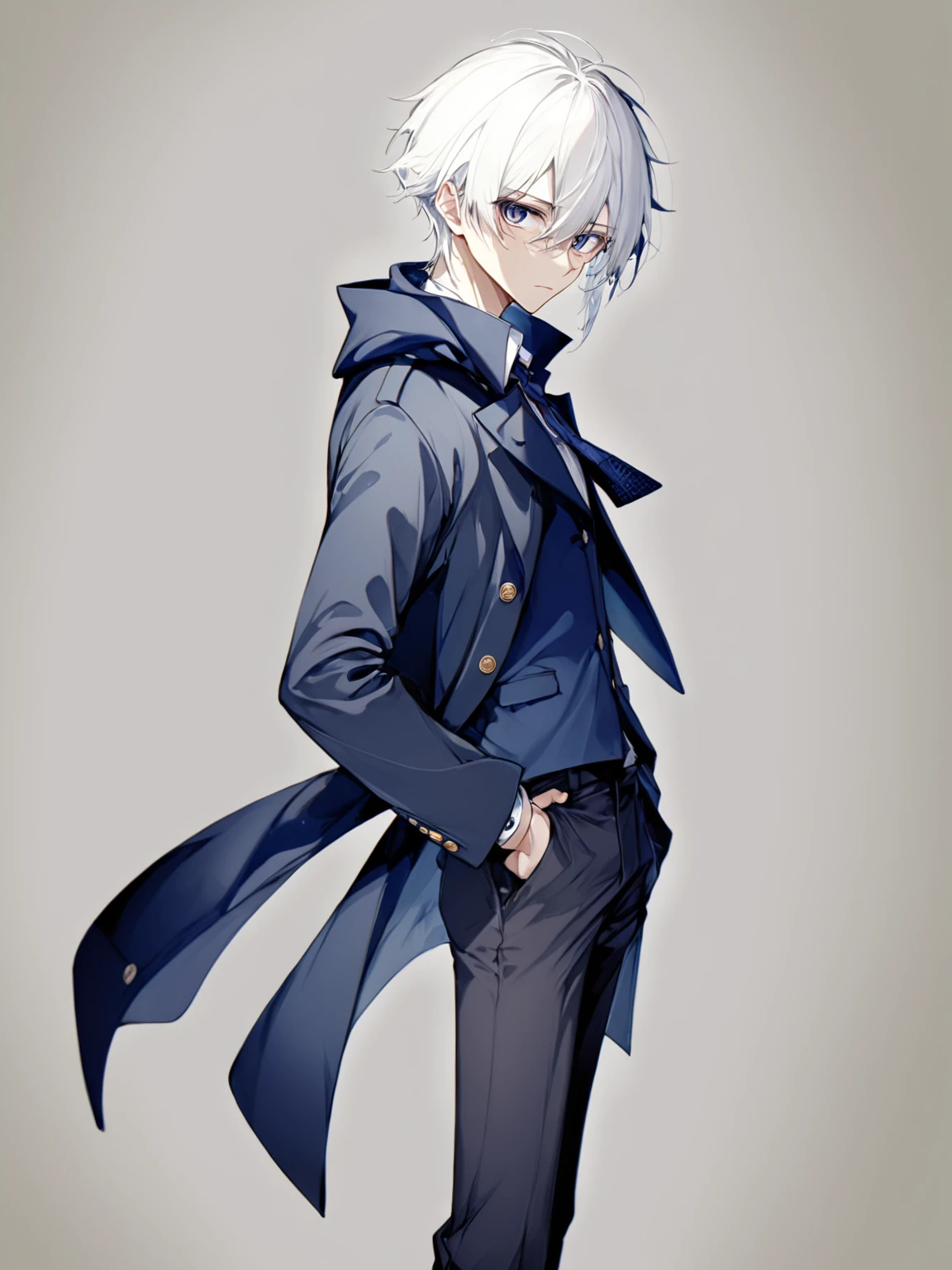 male, anime style, 2d, young, white hair, dark blue coat, dark grey pants, standing pose, high definition, best quality, high quality eyes